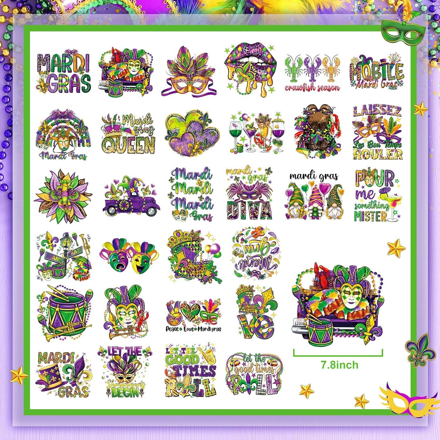 Mardi Gras Iron on Transfers Patches Decals Appliques for T Shirts Iron on Decals Heat Transfer Sticker for Clothes Pillow Cover