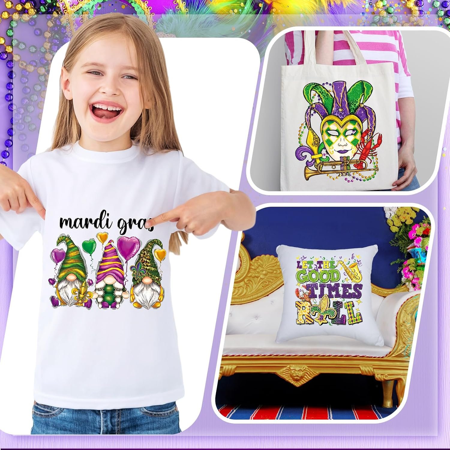 Mardi Gras Iron on Transfers Patches Decals Appliques for T Shirts Iron on Decals Heat Transfer Sticker for Clothes Pillow Cover