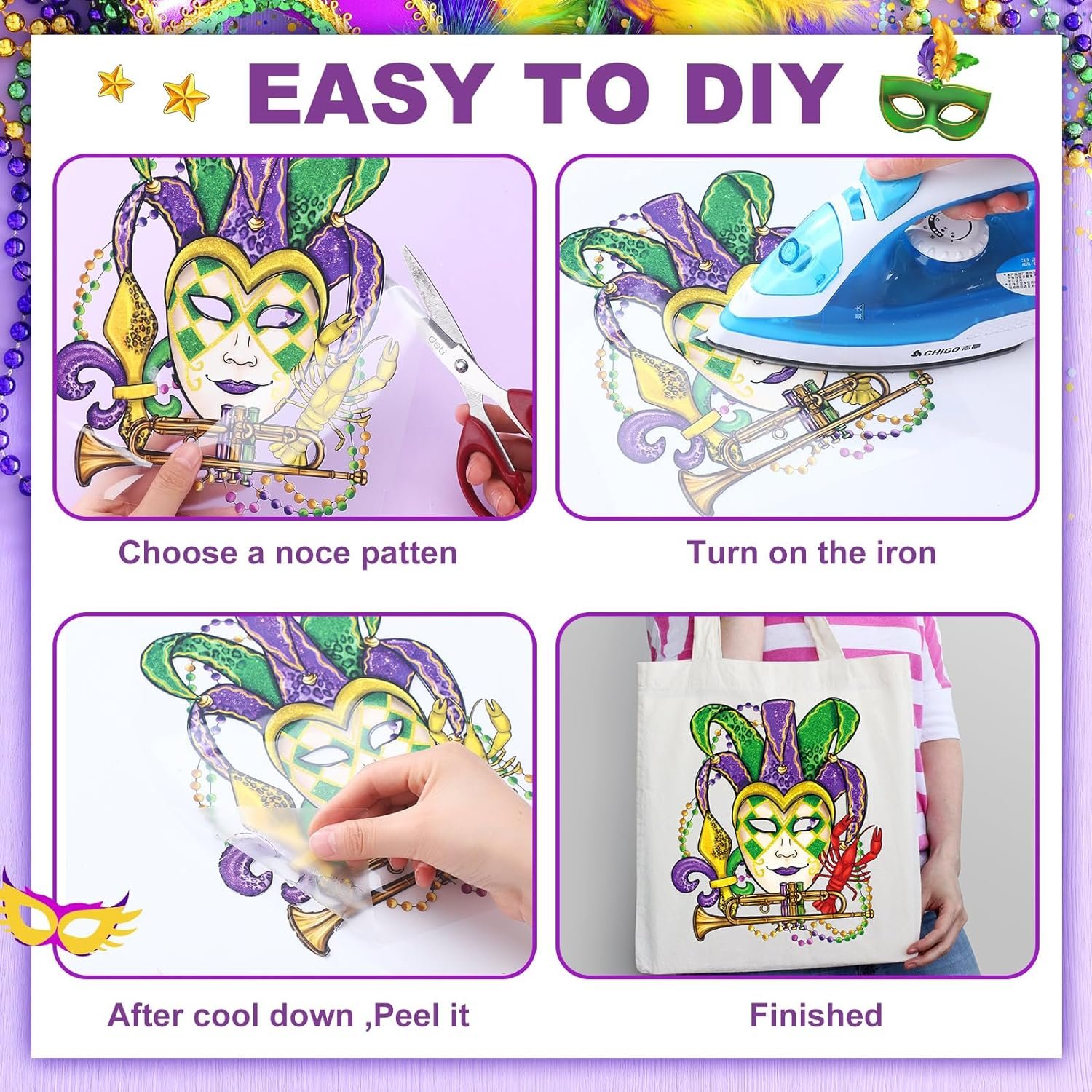 Mardi Gras Iron on Transfers Patches Decals Appliques for T Shirts Iron on Decals Heat Transfer Sticker for Clothes Pillow Cover