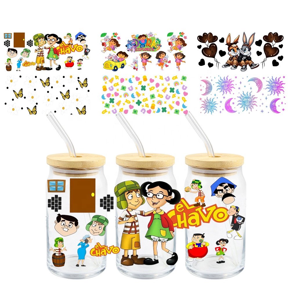 MIYA 30000 Designs Wholesale Cartoon Custom Decal Label UV DTF Cup Wrap Transfer Sticker for 16oz Glass Bottle DIY