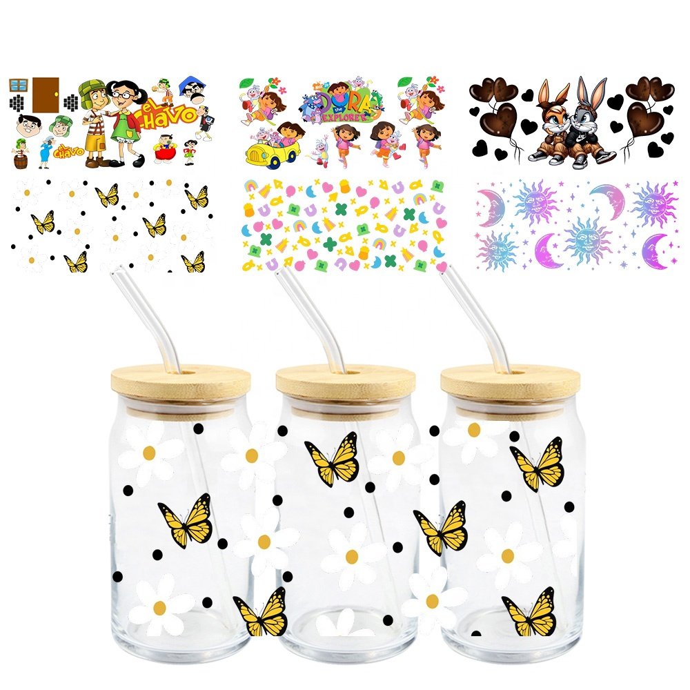MIYA 30000 Designs Wholesale Cartoon Custom Decal Label UV DTF Cup Wrap Transfer Sticker for 16oz Glass Bottle DIY