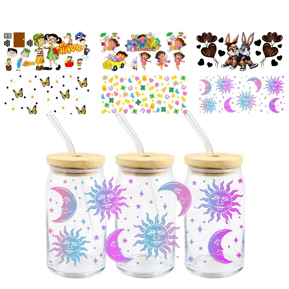 MIYA 30000 Designs Wholesale Cartoon Custom Decal Label UV DTF Cup Wrap Transfer Sticker for 16oz Glass Bottle DIY