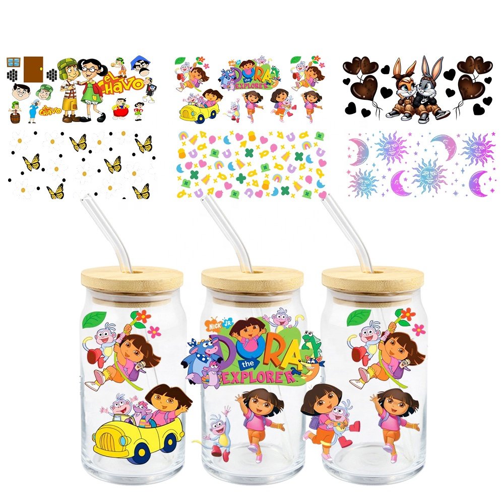 MIYA 30000 Designs Wholesale Cartoon Custom Decal Label UV DTF Cup Wrap Transfer Sticker for 16oz Glass Bottle DIY