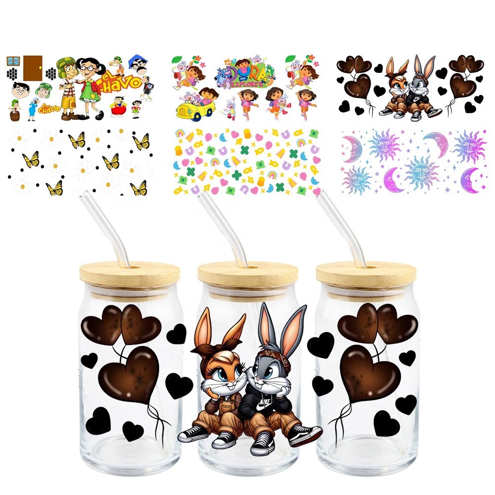 MIYA 30000 Designs Wholesale Cartoon Custom Decal Label UV DTF Cup Wrap Transfer Sticker for 16oz Glass Bottle DIY