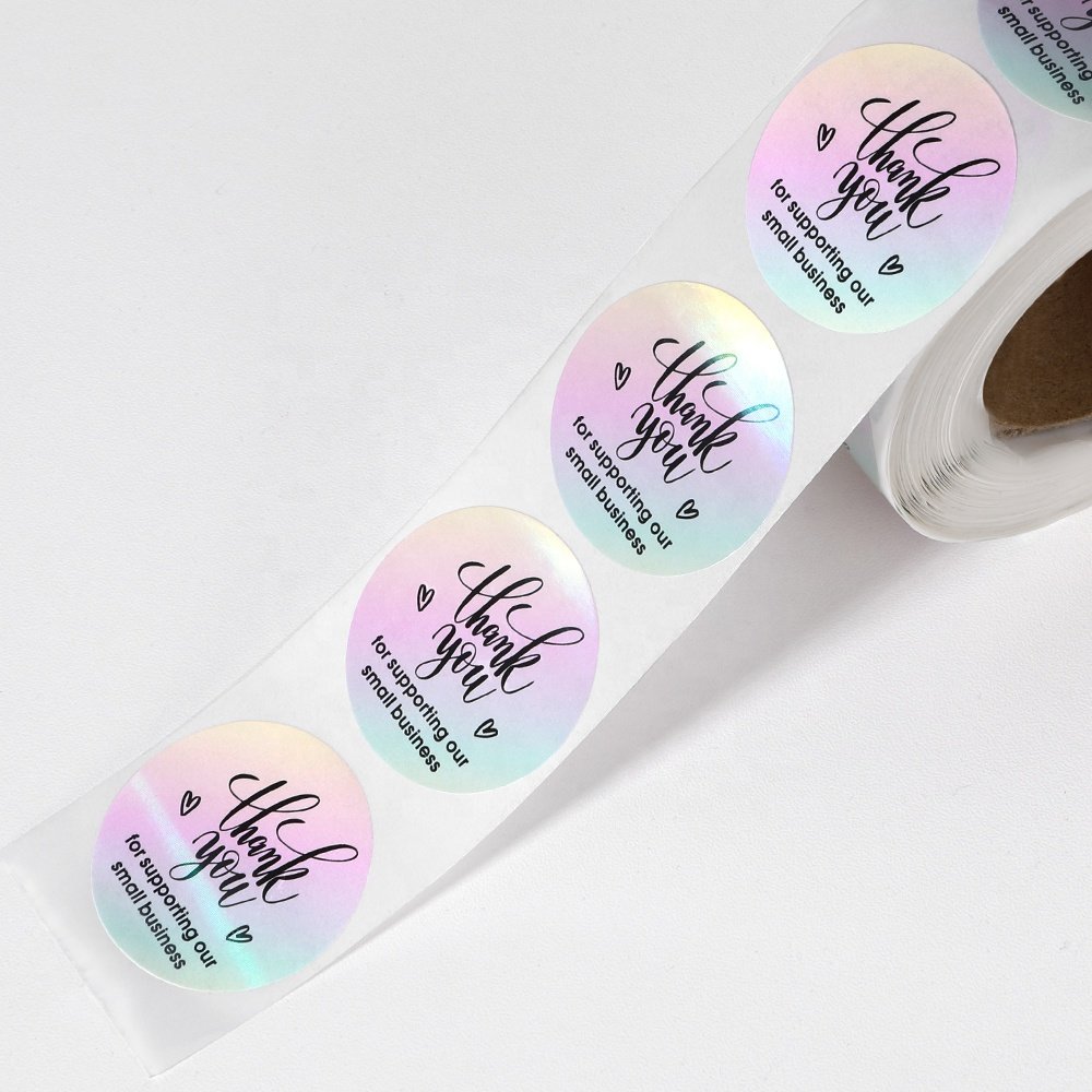 Custom Personalized 500 pcs 1.5 Inch Holographic Thank You Label Stickers for Supporting My Small Business Roll Sheets