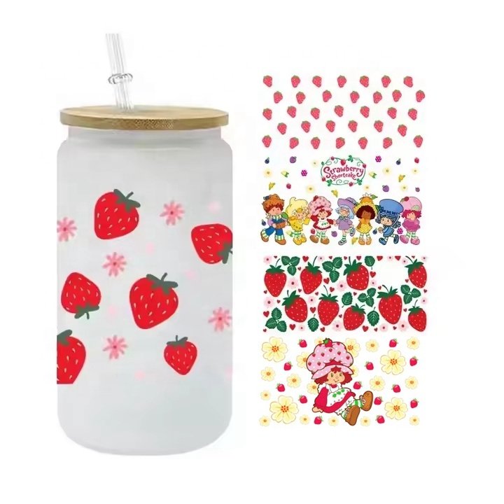 15000+ High Quality 16OZ Strawberry UV Wrap Transfer Cartoon Strawberry Shortcake UV DTF Cup Wrap Stickers for Cup