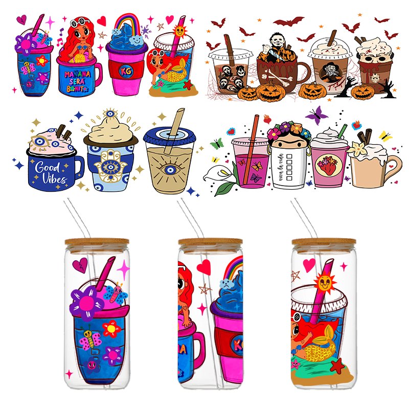 Custom UV Transfer Printing Sticker PET and Plastic for Tumblers Mugs and Bottles 16oz UV DTF Cup Packaging Ready