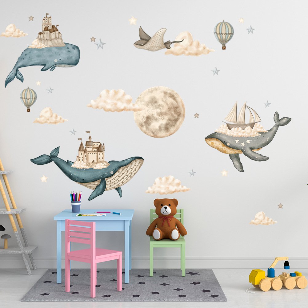 High quality whale home decor wall sticker castle sailing water proof stickers for home decor living room bedroom