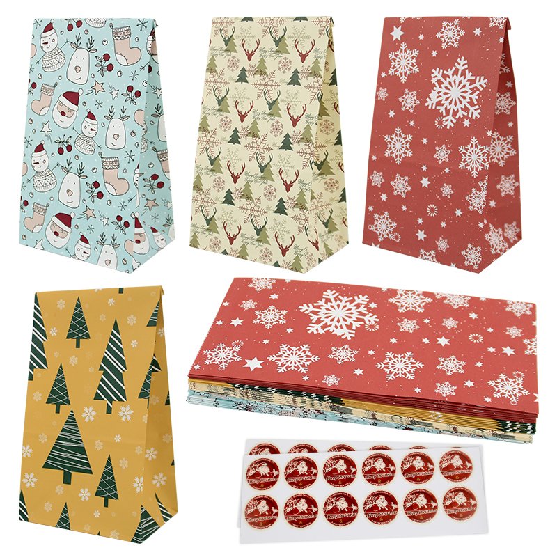 Christmas Bulk Wrapping Gift Bags with Stickers Treat Bags for Holiday Party Favors Classroom Gift Giving Paper Bags for Xmas