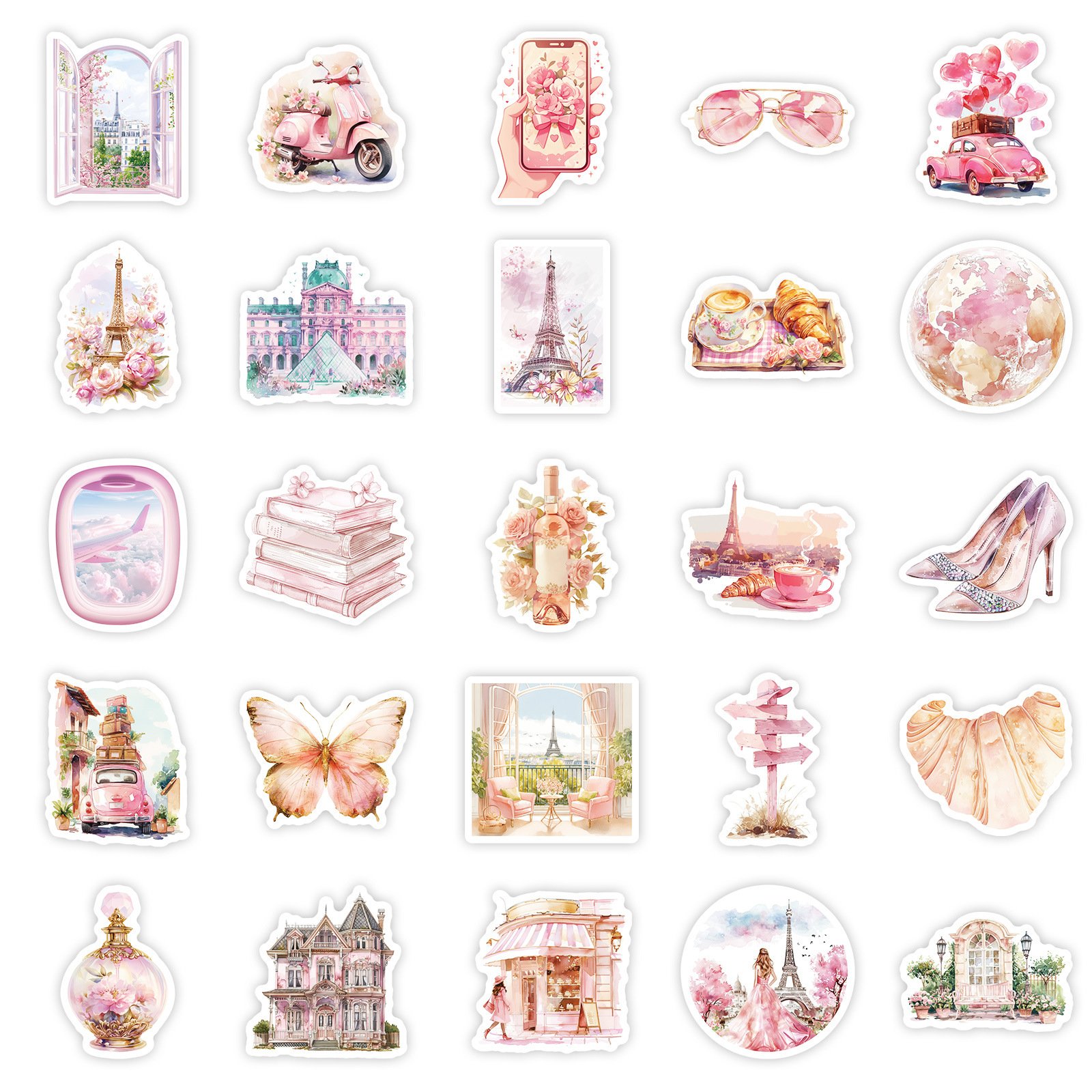 50Pcs Beautiful Pink Paris Graffiti Stickers For Bottle Laptop Decor France Culture Fashion Tourism Sticker