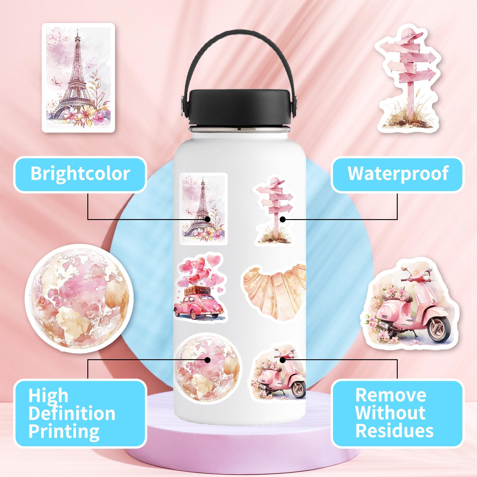 50Pcs Beautiful Pink Paris Graffiti Stickers For Bottle Laptop Decor France Culture Fashion Tourism Sticker