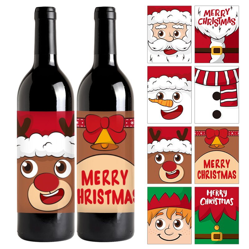 Cute Christmas Theme Wine Bottle Label Stickers Merry Christmas Adhesive Decor for Party Favors Gifts for Friends and Family
