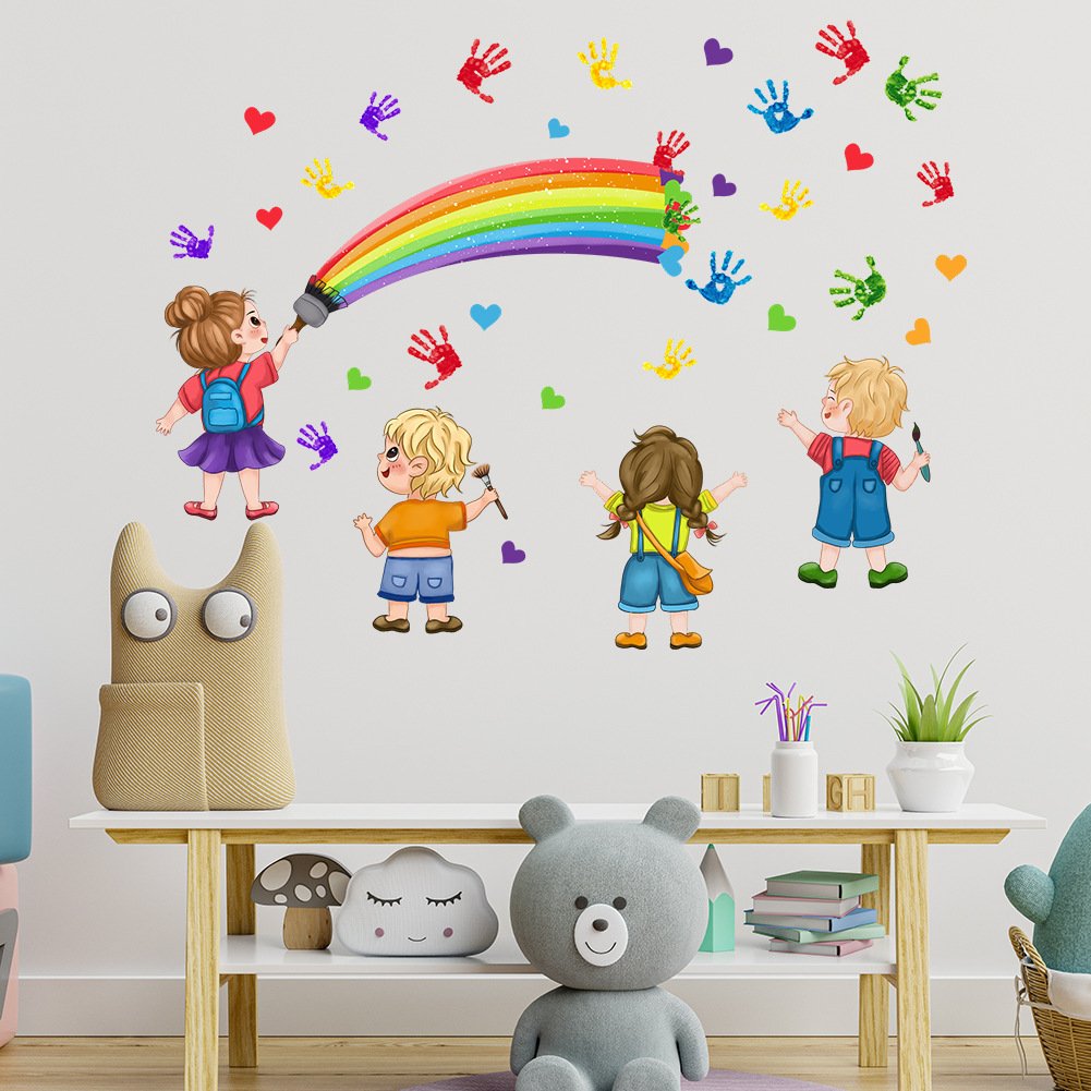 Creative colorful palm print rainbow kids wall decal die cut water proof stickers for home decor for kids room living room