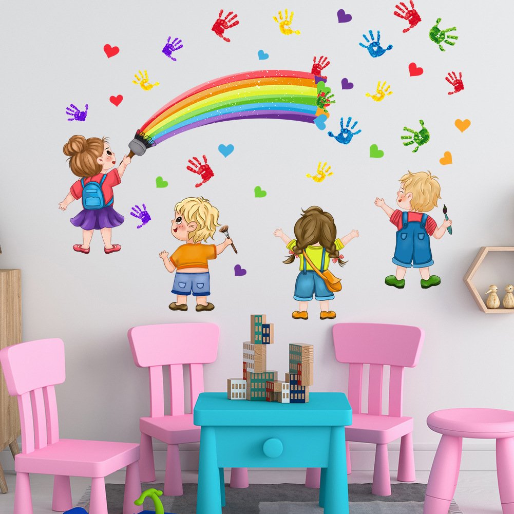 Creative colorful palm print rainbow kids wall decal die cut water proof stickers for home decor for kids room living room