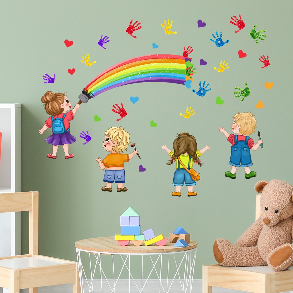 Creative colorful palm print rainbow kids wall decal die cut water proof stickers for home decor for kids room living room