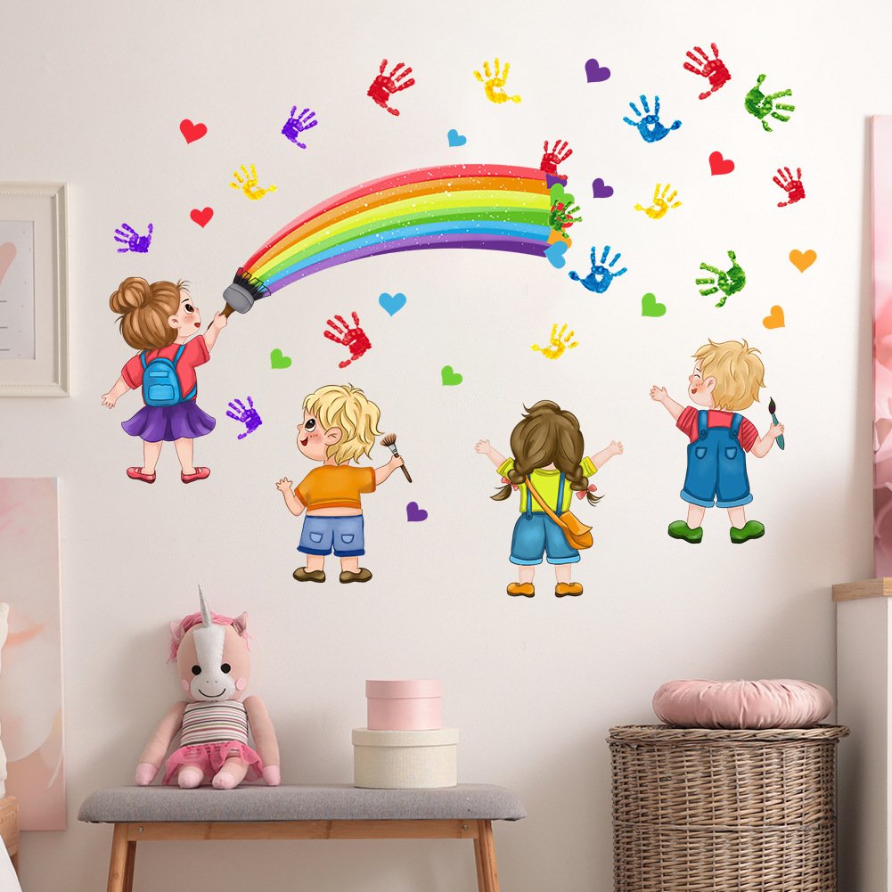Creative colorful palm print rainbow kids wall decal die cut water proof stickers for home decor for kids room living room