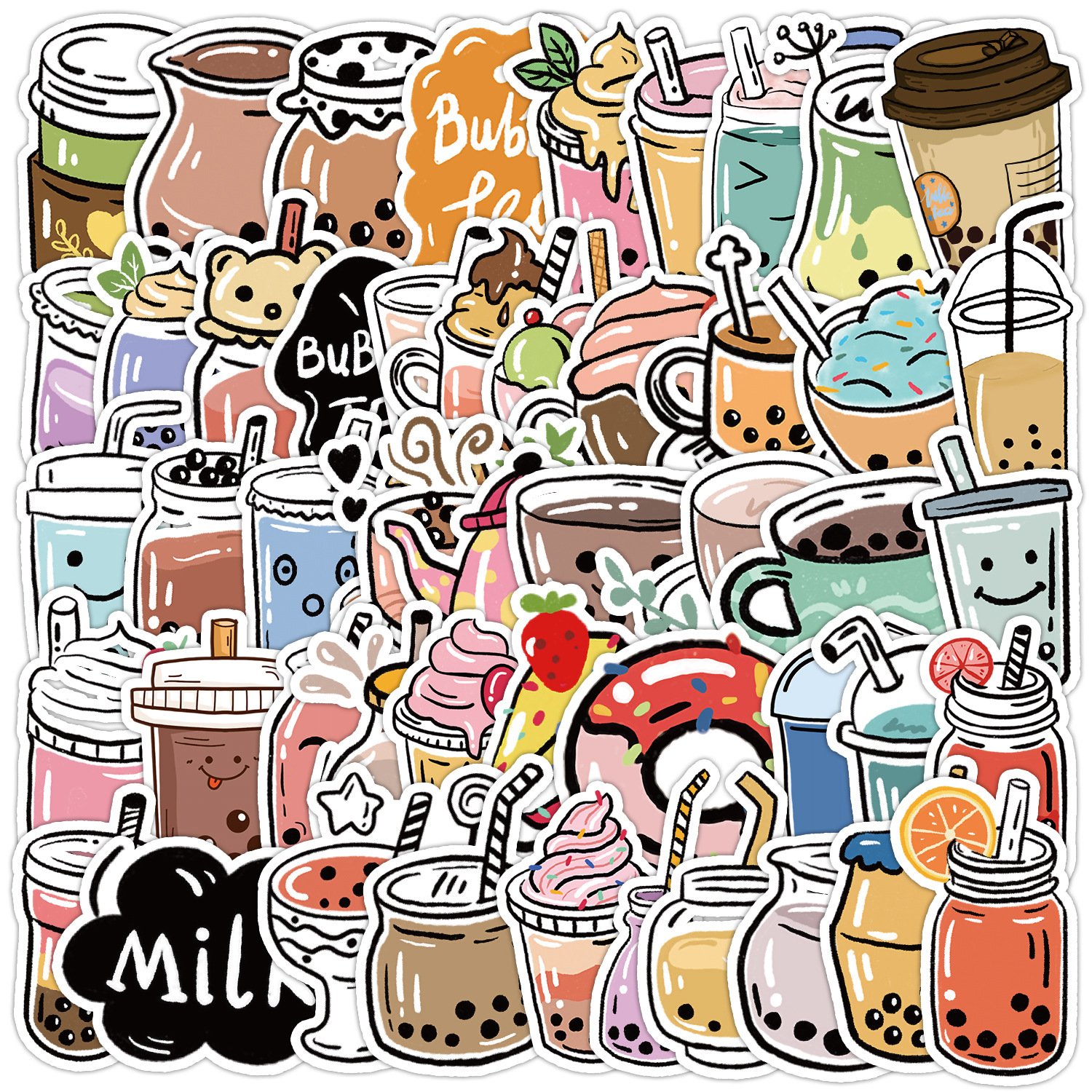 Hot 50PCS Cartoon Boba pearl milk tea Dessert drink bubble tea decals boba tea sticker