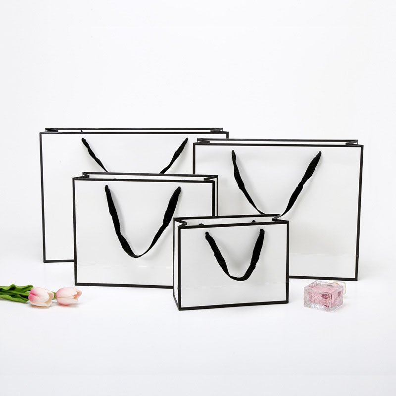 Custom Logo Printed Recycled White Coated Cardboard Paper Bag Underwear Supermarket Gift Shop Use Featuring Embossing Treatment