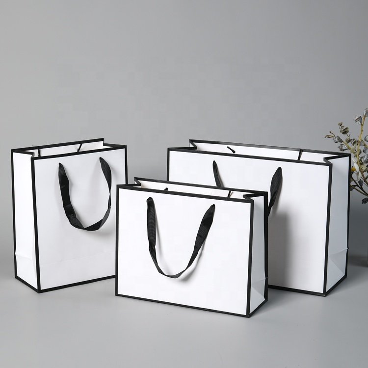 Custom Logo Printed Recycled White Coated Cardboard Paper Bag Underwear Supermarket Gift Shop Use Featuring Embossing Treatment