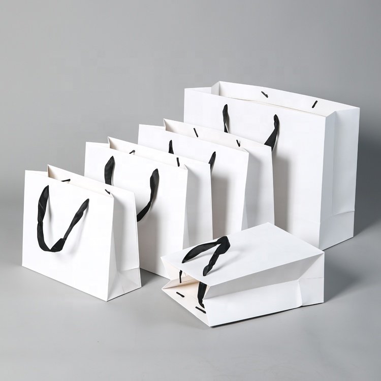 Custom Logo Printed Recycled White Coated Cardboard Paper Bag Underwear Supermarket Gift Shop Use Featuring Embossing Treatment