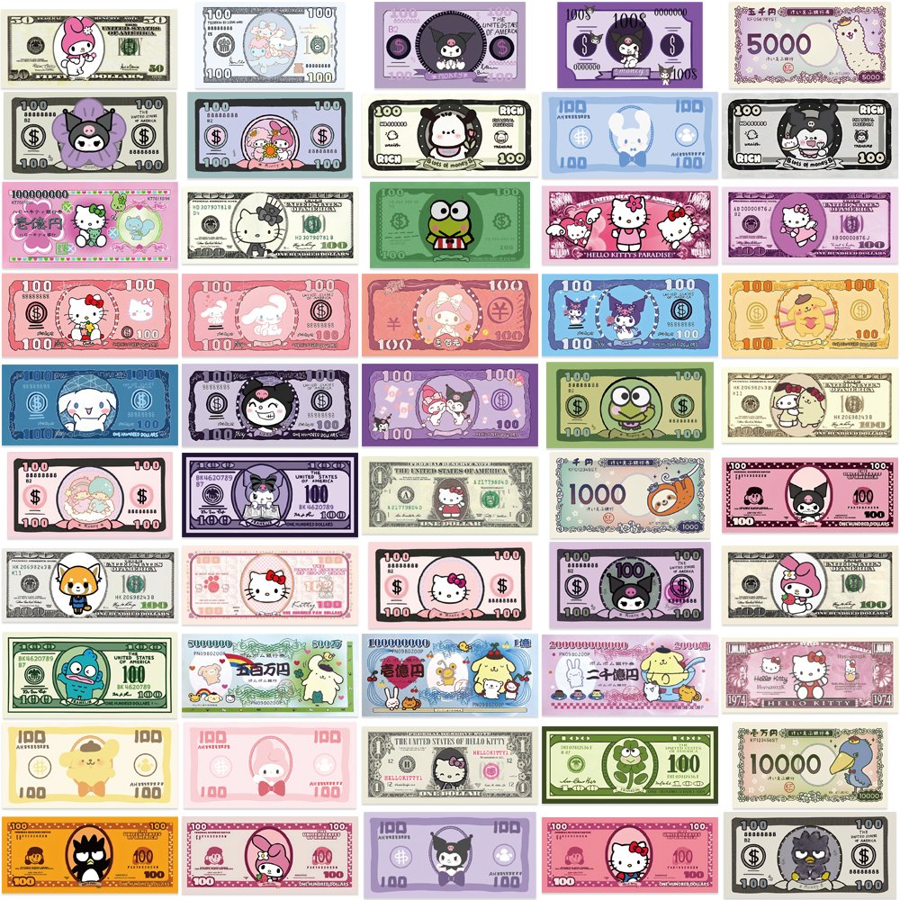 50pcs Cartoon Character Banknotes Waterproof Sticker Diy Decorative Picture Frame Phone Case Suitcase Toy Stickers For Children