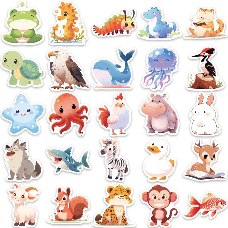 50pcs Cute Stickers of Waterproof Material Animals Pvc Sticker Diy Laptop Mobile Phone Diary Water Bottle Children Toy Gifts