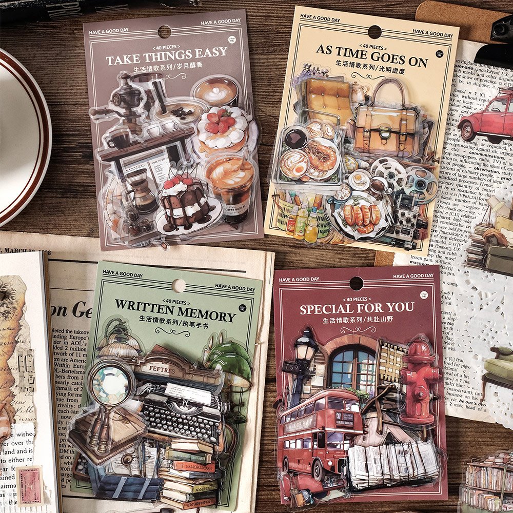 PET Stickers Vintage Life Series Junk Journal Daily Decoration Custom Stickers Pack for Diary Mr. Paper 40 Pcs / Set