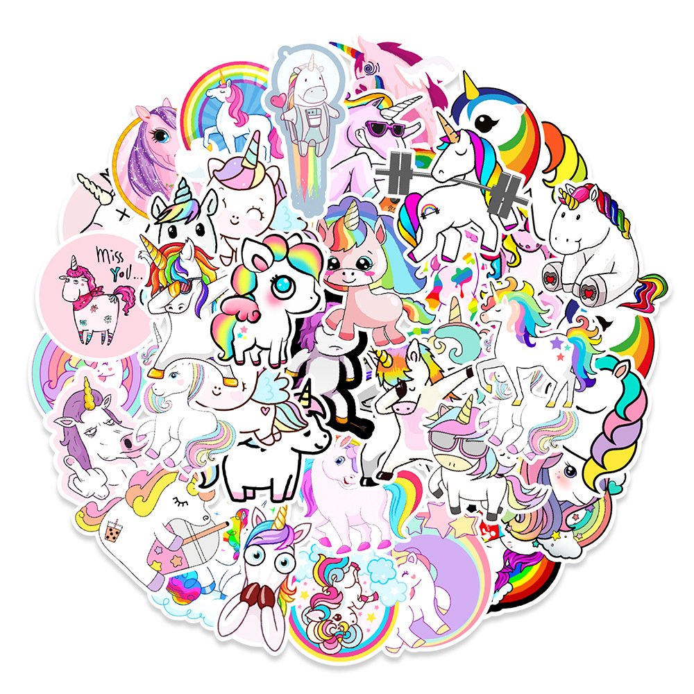 50pcs Unicorn Cute Cartoon Graffiti Sticker Water Cup Computer Refrigerator Phone Decorative Sticker Waterproof Reusable