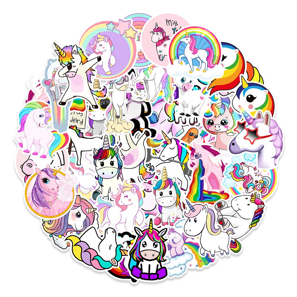 50pcs Unicorn Cute Cartoon Graffiti Sticker Water Cup Computer Refrigerator Phone Decorative Sticker Waterproof Reusable