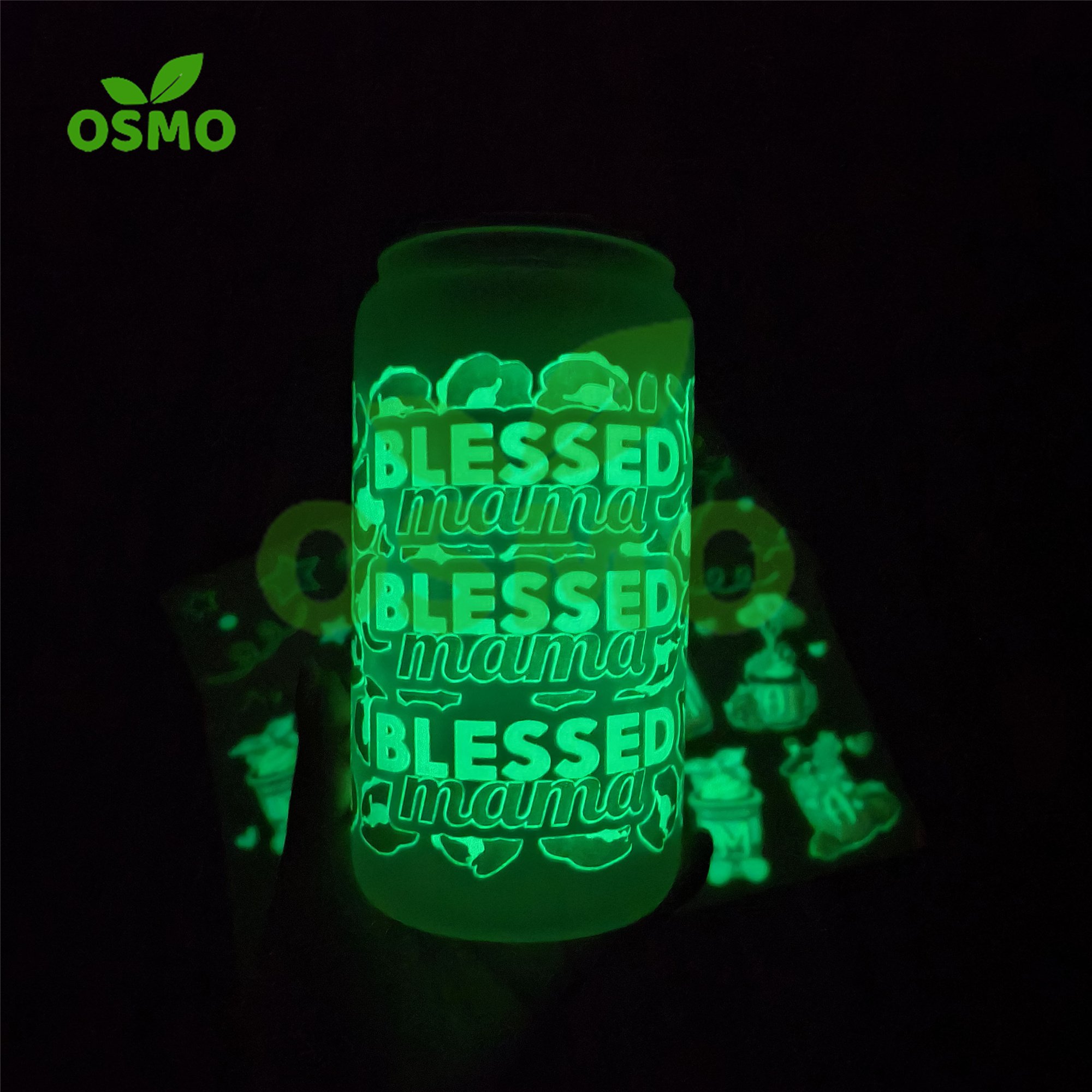 Osmo Glow in the dark uv dtf cup wraps holographic transfer stickers for 16oz 20oz 24oz 25oz 40oz cups cans mugs tumblers