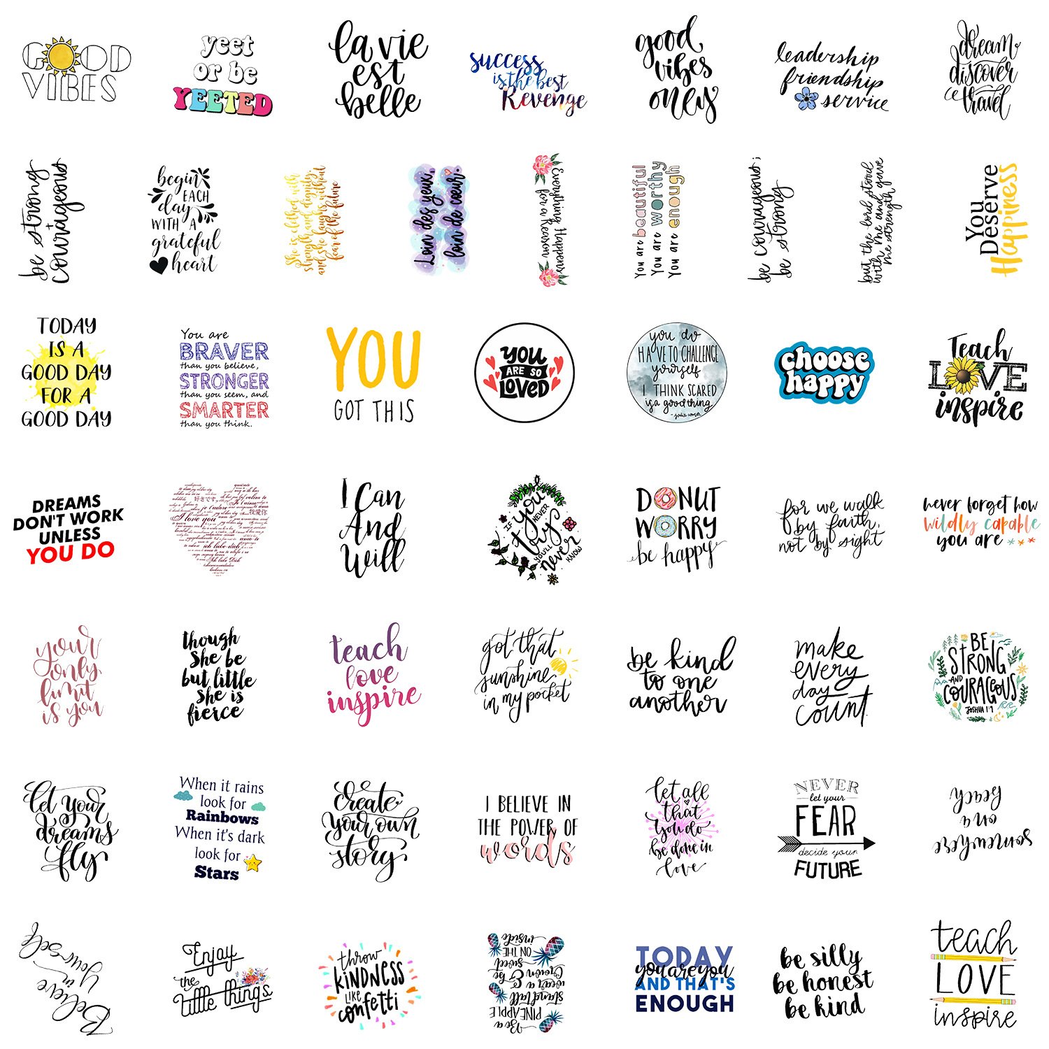 50pcs English Inspirational Text Stickers Vinyl Waterproof English Text Sticker Pack for Water Bottle for Adults Teens