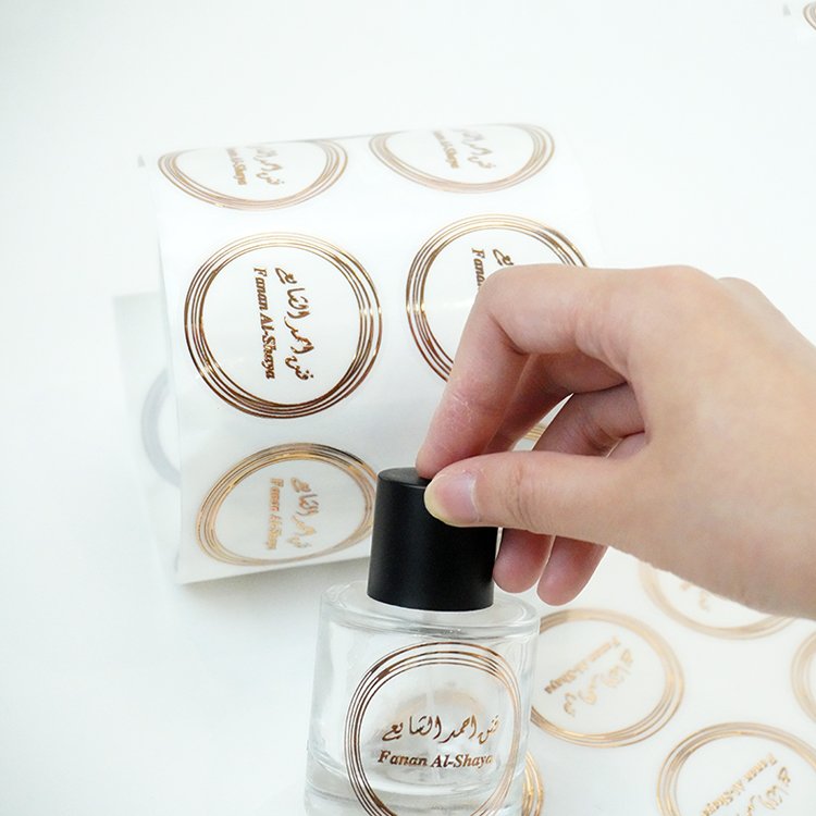 custom private high quality self adhesive bopp waterproof logo printing transparent round bottle stickers rose gold foil labels