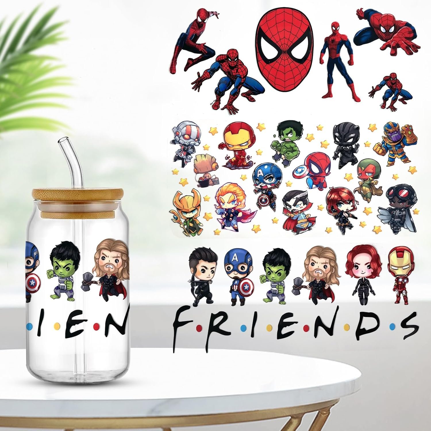 The Avengers UV DTF Cup Wrap for 16oz Glass Cup Superhero Theme Cup Decals Cute Spiderman Iron-Man Transfer Sticker for Tumbler