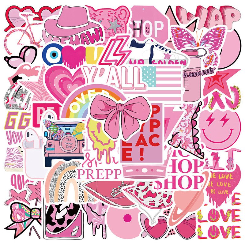 50pcs Pink Preppy Style Stickers Valentines Day Gifts Pink Girl Laptop Computer Bedroom Wardrobe Car Skateboard Motorcycle