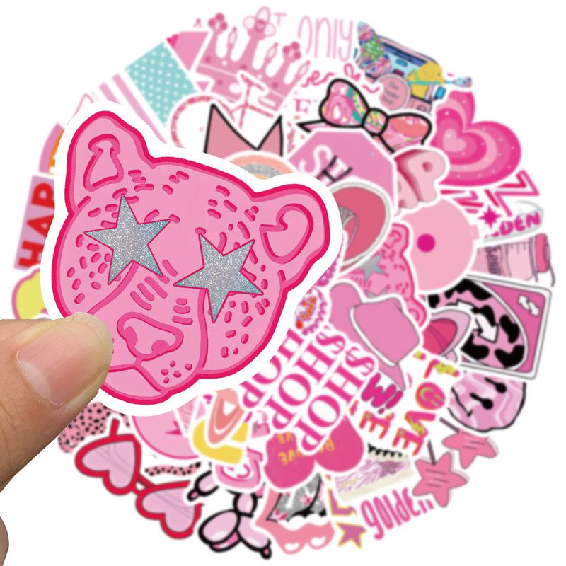 50pcs Pink Preppy Style Stickers Valentines Day Gifts Pink Girl Laptop Computer Bedroom Wardrobe Car Skateboard Motorcycle