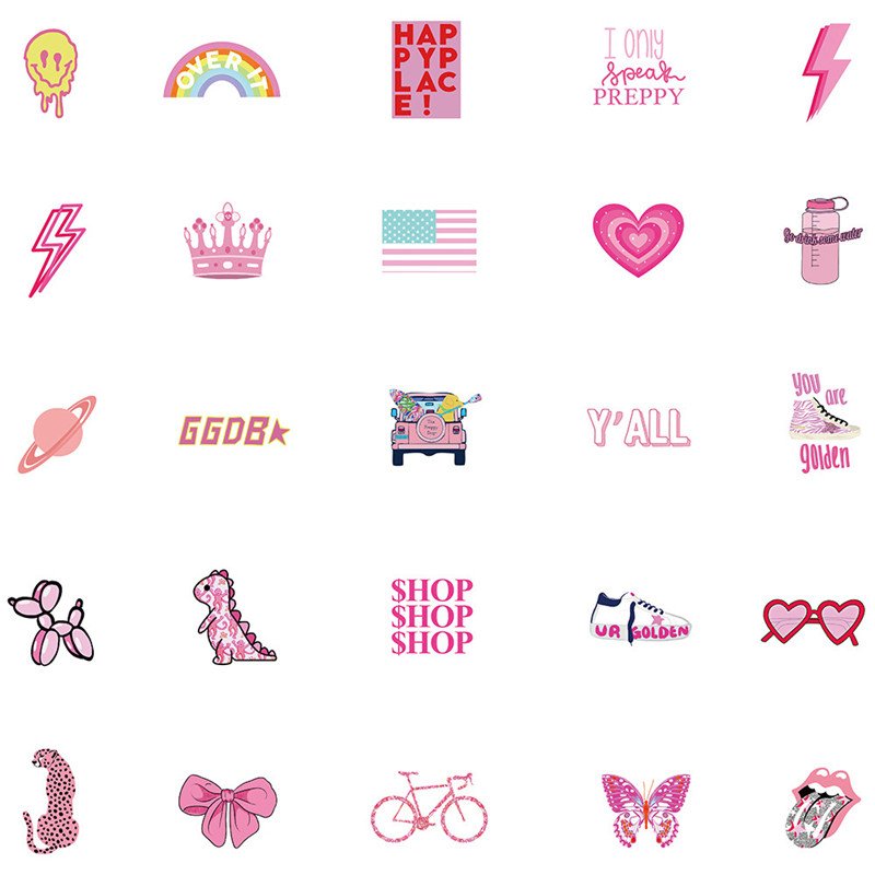 50pcs Pink Preppy Style Stickers Valentines Day Gifts Pink Girl Laptop Computer Bedroom Wardrobe Car Skateboard Motorcycle