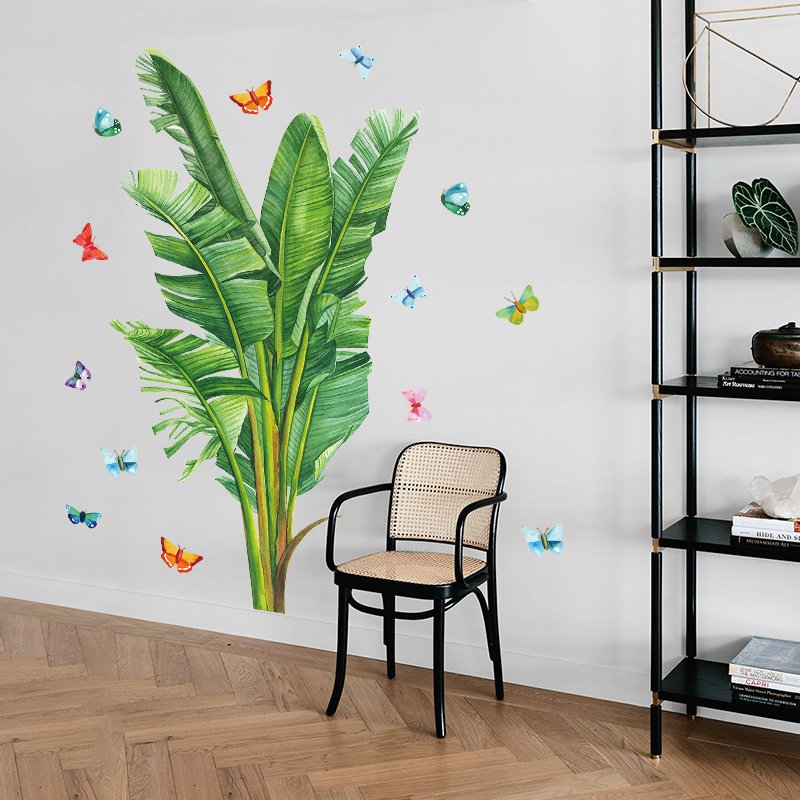 Tropical Plant Wall Stickers Green Big Leaves With Colored Butterflies Wallpaper Self Adhesive Wall Mural Modern Home Decor