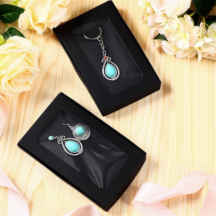 Custom Jewelry Packaging Boxes Gift Boxes 5.4"x3.4"x0.7 Paper Boxes with Clear Window Display Card Sticker for Keychain Black