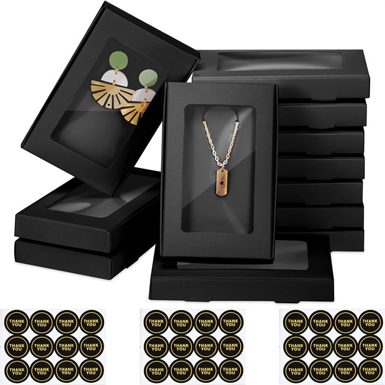 Custom Jewelry Packaging Boxes Gift Boxes 5.4"x3.4"x0.7 Paper Boxes with Clear Window Display Card Sticker for Keychain Black