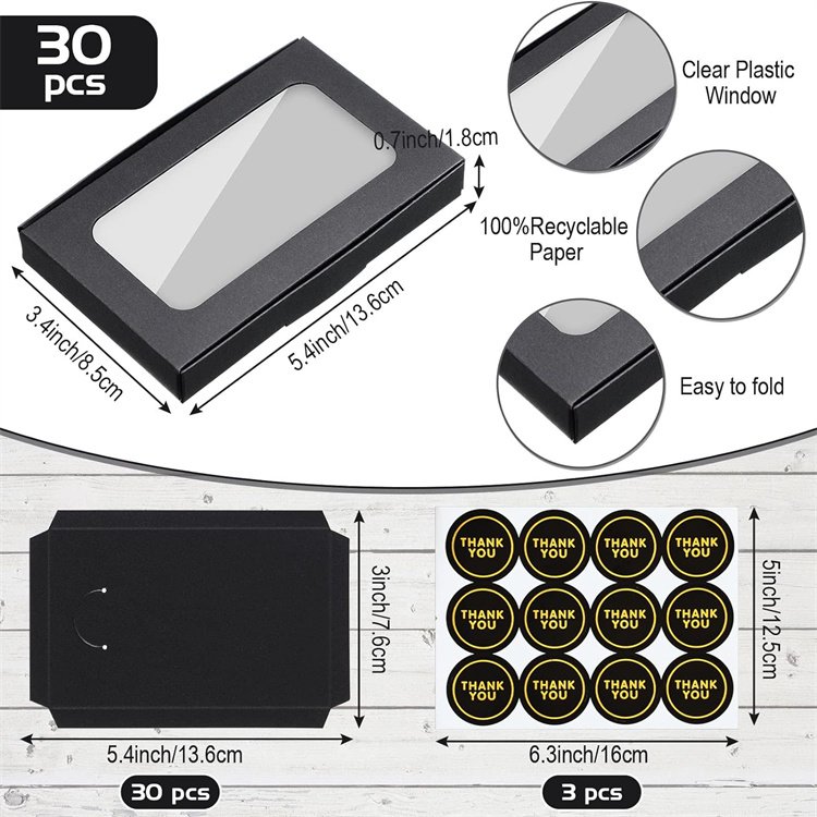Custom Jewelry Packaging Boxes Gift Boxes 5.4"x3.4"x0.7 Paper Boxes with Clear Window Display Card Sticker for Keychain Black