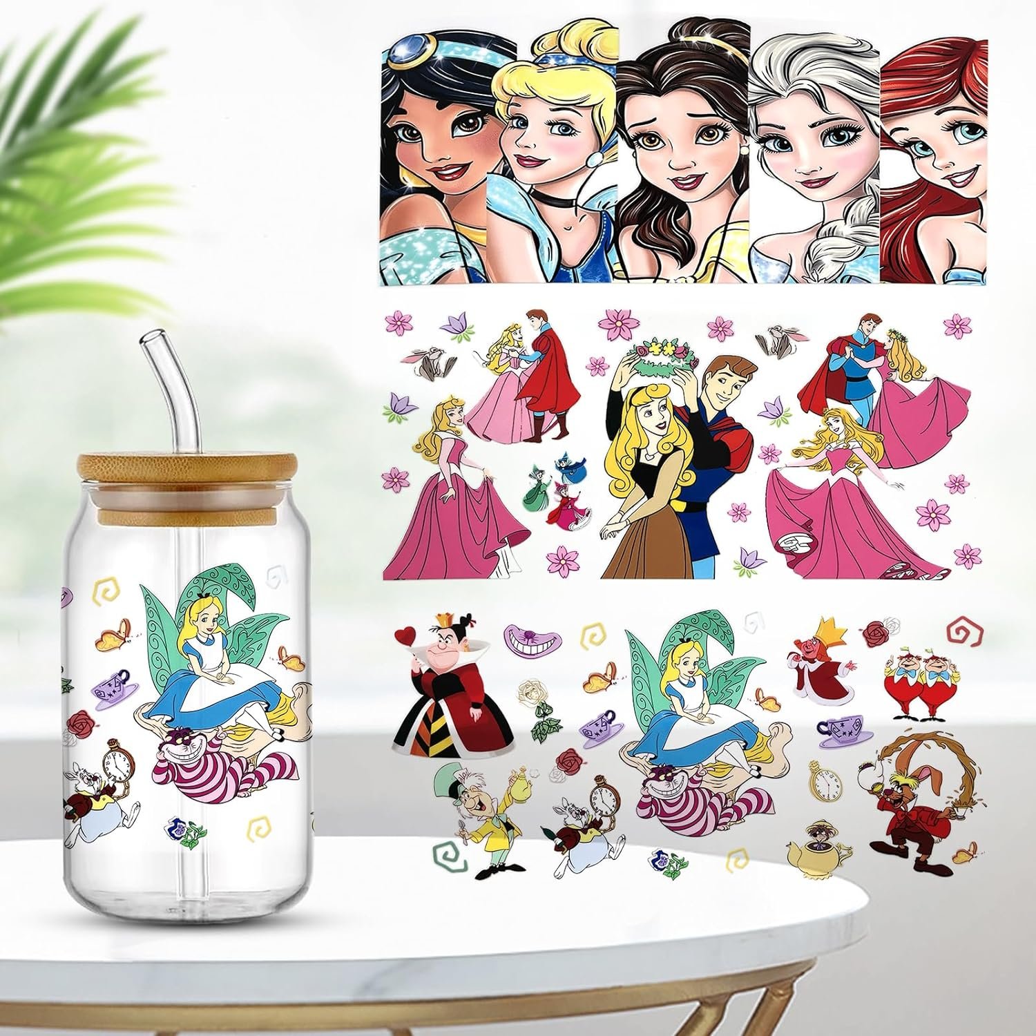 UV DTF Cup Wraps Transfer Stickers for Glass Cartoon Princess Cup Wraps Decal Stickers for 16oz Tumbler Cups