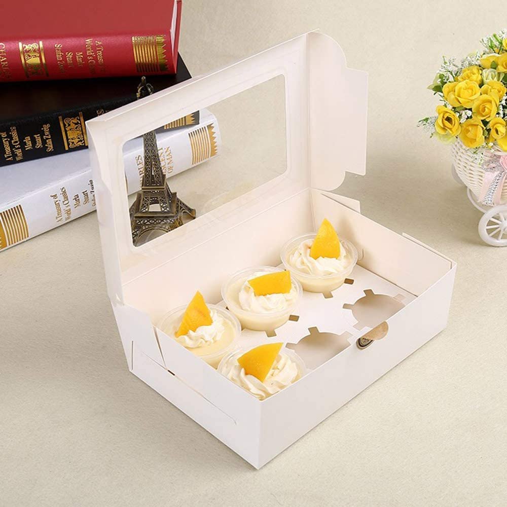Wholesale 6 Holes White Paper Cupcake Box with Clear Window including Stickers, 12 Pack Cupcake Boxes with Inserts