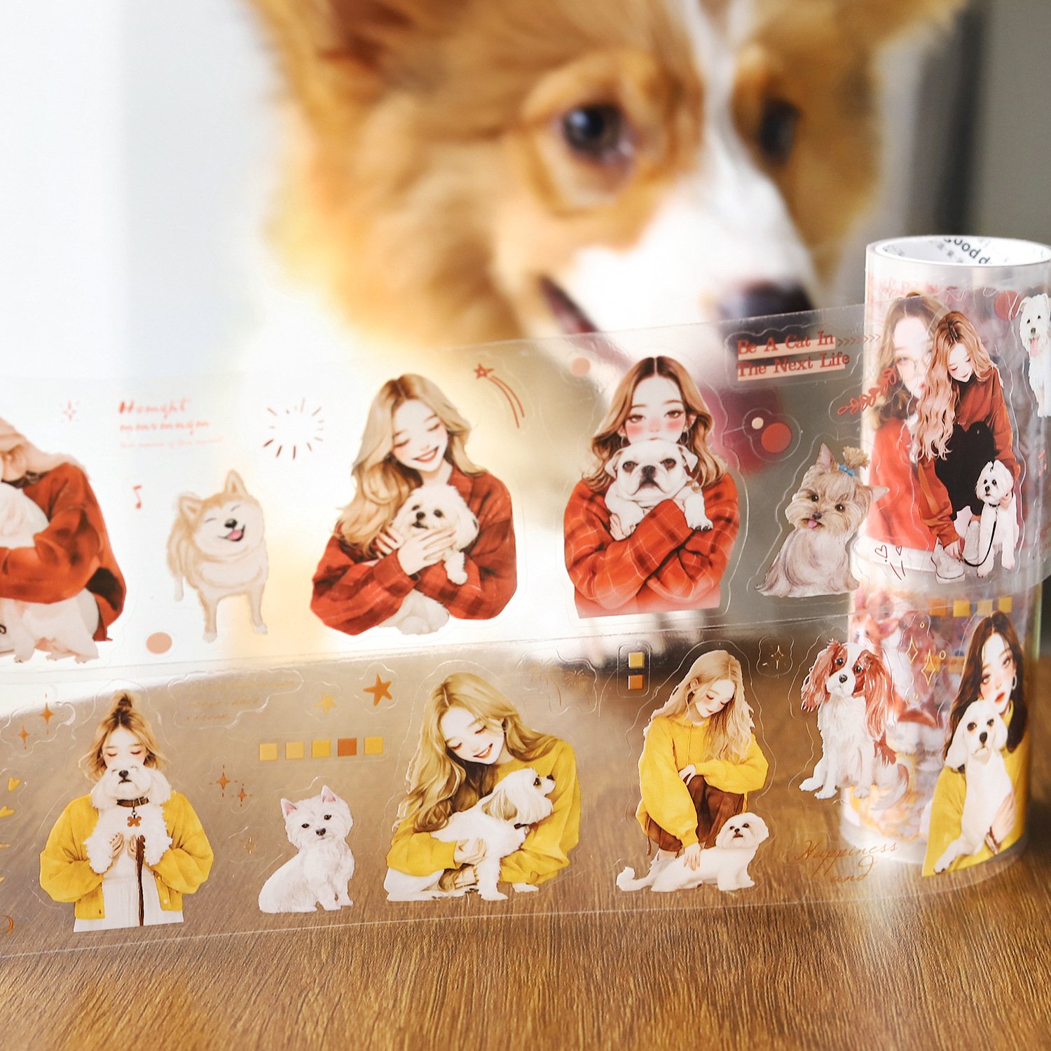 2M/Roll PET Tape Kitten & Puppy Series Cat & Dog Theme Handbook DIY Recycled Stickers