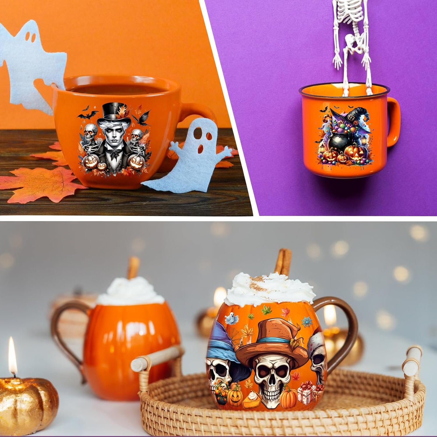 Halloween style UV DTF Cup Wrap for 16OZ Glass Cups Pumpkin Witch Werewolf Skull Decals Rub on Transfer Stickers for Tumblers