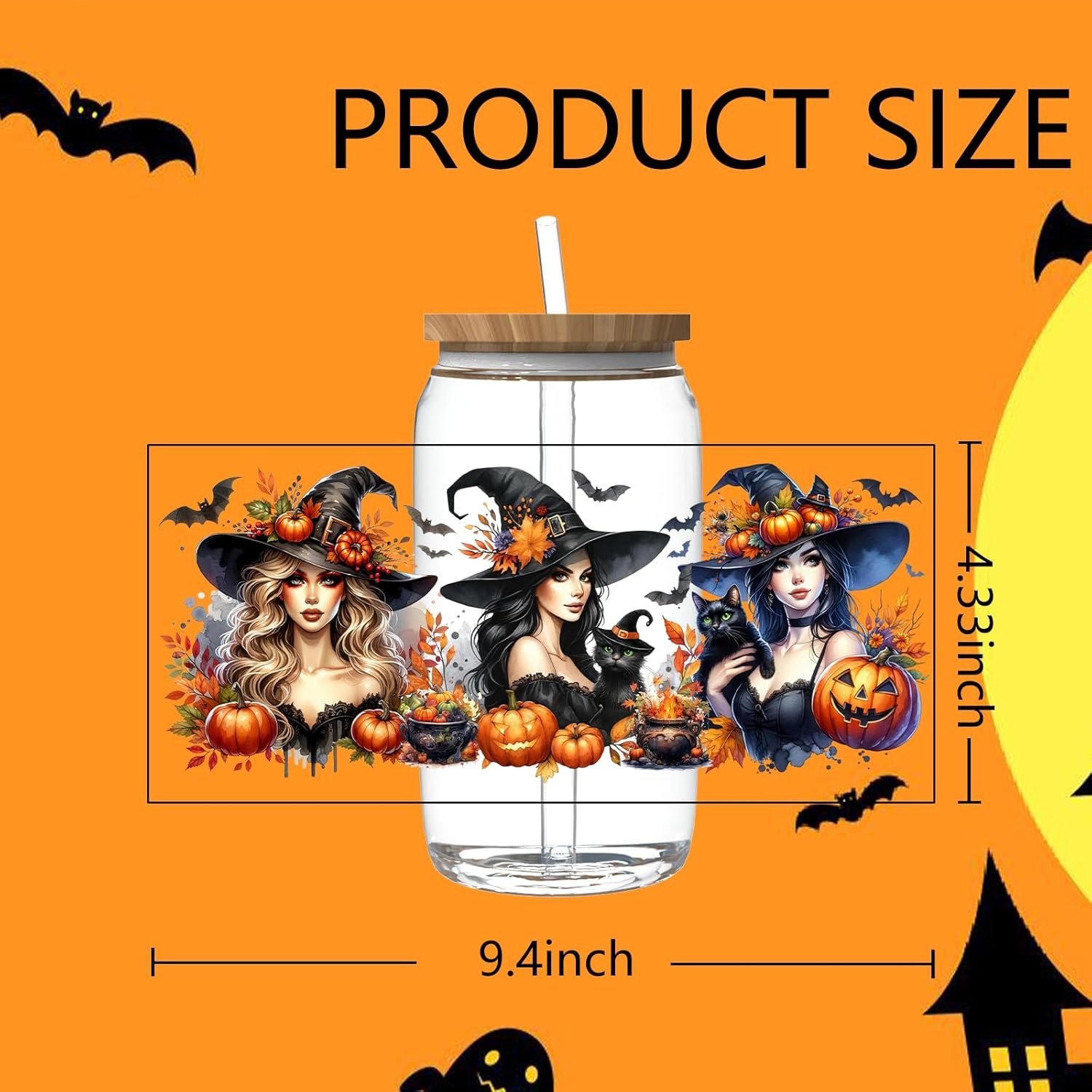 Halloween style UV DTF Cup Wrap for 16OZ Glass Cups Pumpkin Witch Werewolf Skull Decals Rub on Transfer Stickers for Tumblers