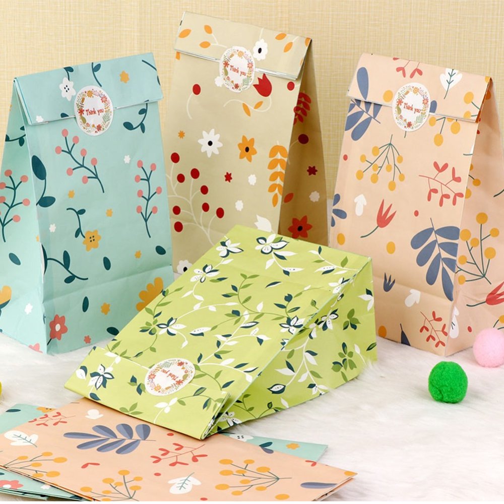 Plant Pattern Gift Favor Paper Bags for Candy Cookie Bakery Kraft Paper Packaging Sweet Bags with Stickers For Wedding Birthday