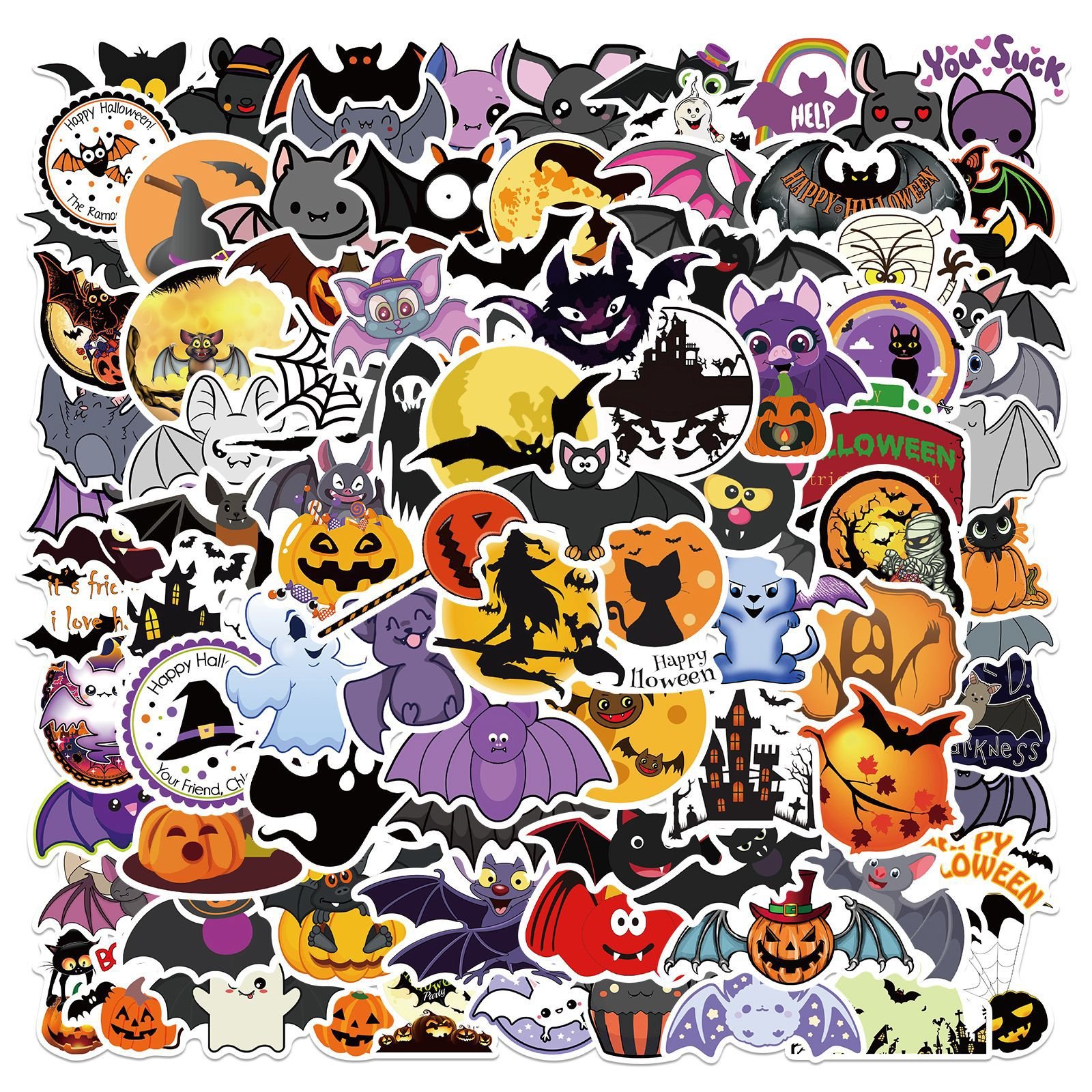 100Pcs Halloween Bat Ghost Stickers For Luggage Laptop Skateboard Book Notebook DIY Crafts Fashion Vinyl Decals