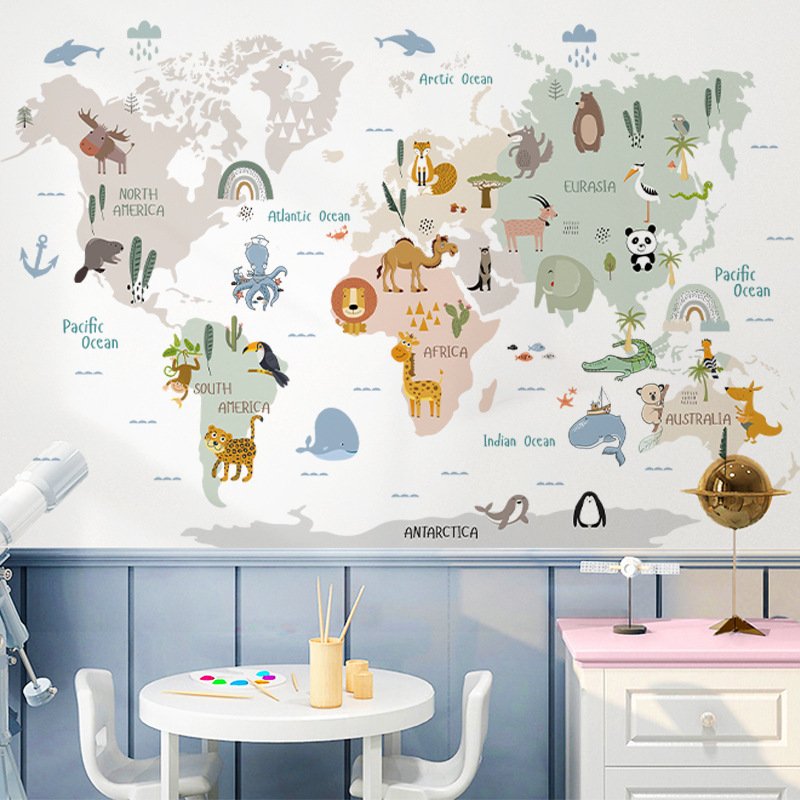 Cartoon World Animal Map PVC Wall Stickers Early Childhood Education Self-Adhesive Kindergarten Classroom Decal Home Decoration