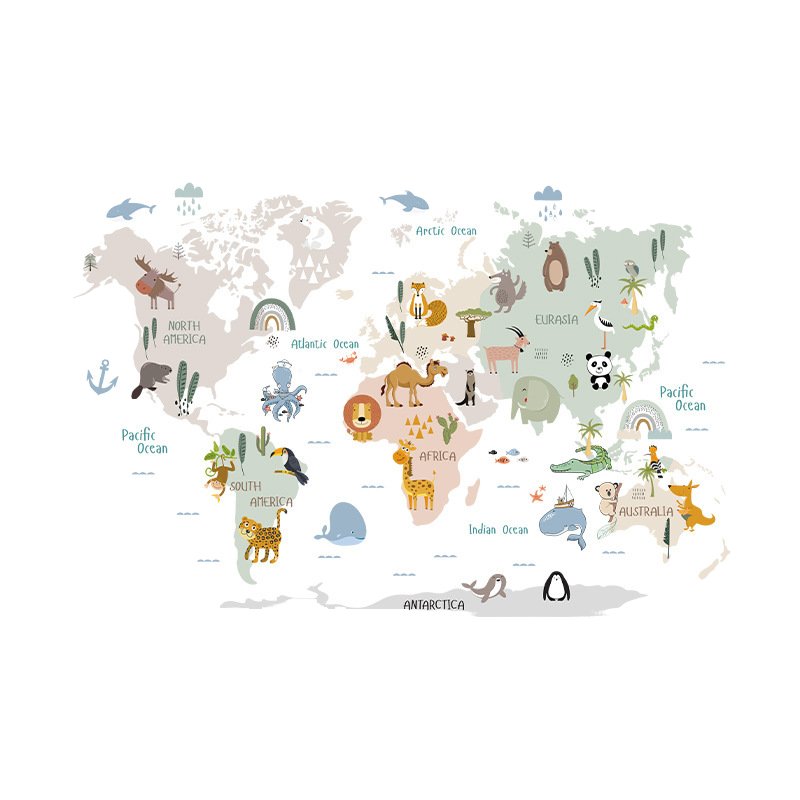 Cartoon World Animal Map PVC Wall Stickers Early Childhood Education Self-Adhesive Kindergarten Classroom Decal Home Decoration