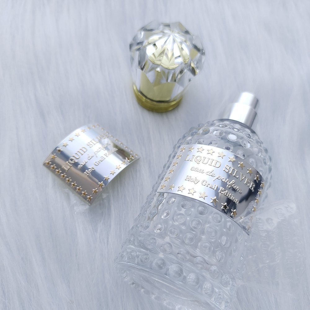 2024 Hot Selling Perfume Sticker Design Metal Embossed Aluminum Label Maker Scented Glass Bottle/ Candle jar Stickers